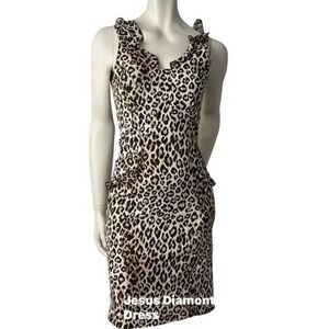 Jesus Diamante Leopard Print Sheath Midi Dress Ruffle Halter Backless Gyaru XS